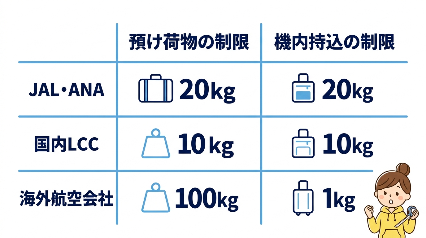各航空会社(JAL・ANA・LCC)の重量制限